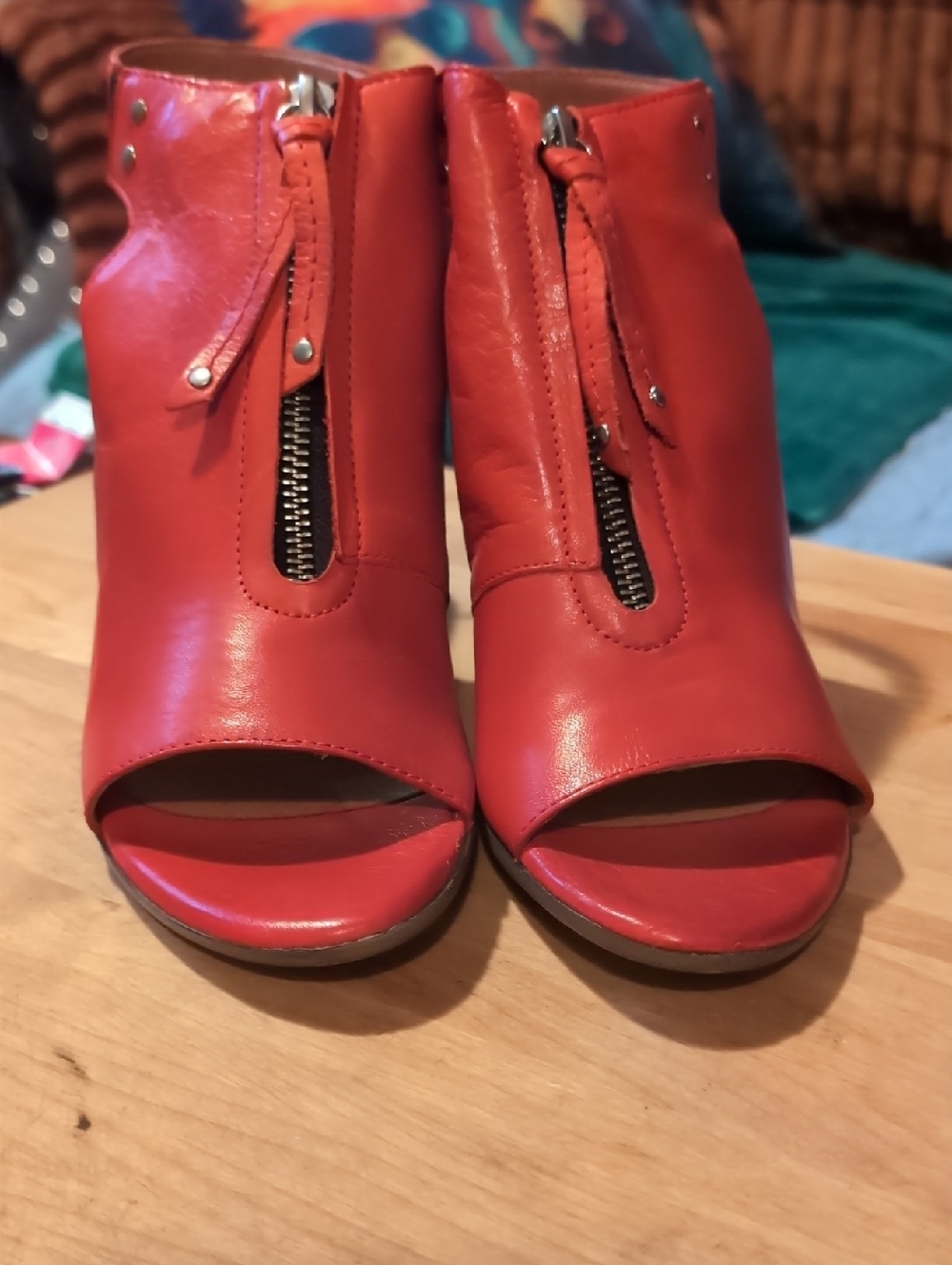 Miz Mooz Red Peep-Toe Zip Front Ankle Mules